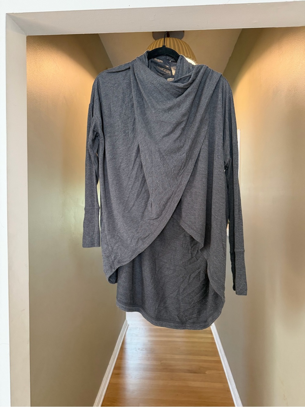 Zella Large Draped Long-Sleeve Tunic Top in Charcoal Gray